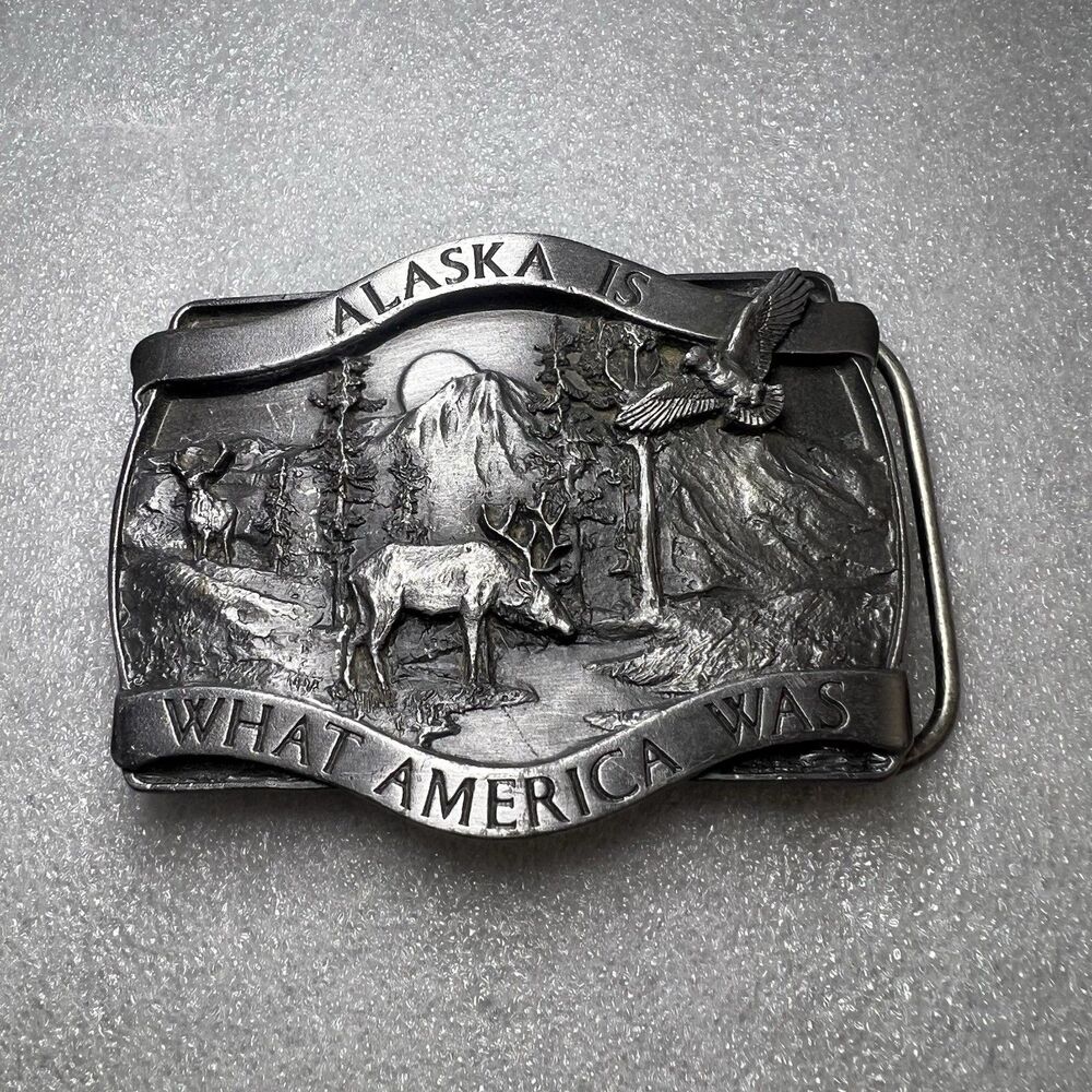 Vtg 80's Alaska is what America was Elk Eagles Cascade Mountains Belt Buckle